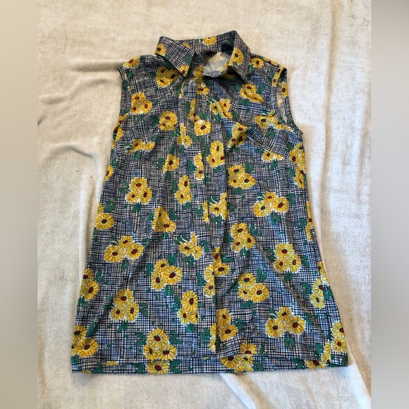 Tops - Sunflower flowy tank top, Calvin Charles black and yellow sleeveless top